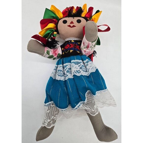 Handmade Mexican Doll With Colorful Ribbon Hair & Traditional Dress - Picture 3 of 9